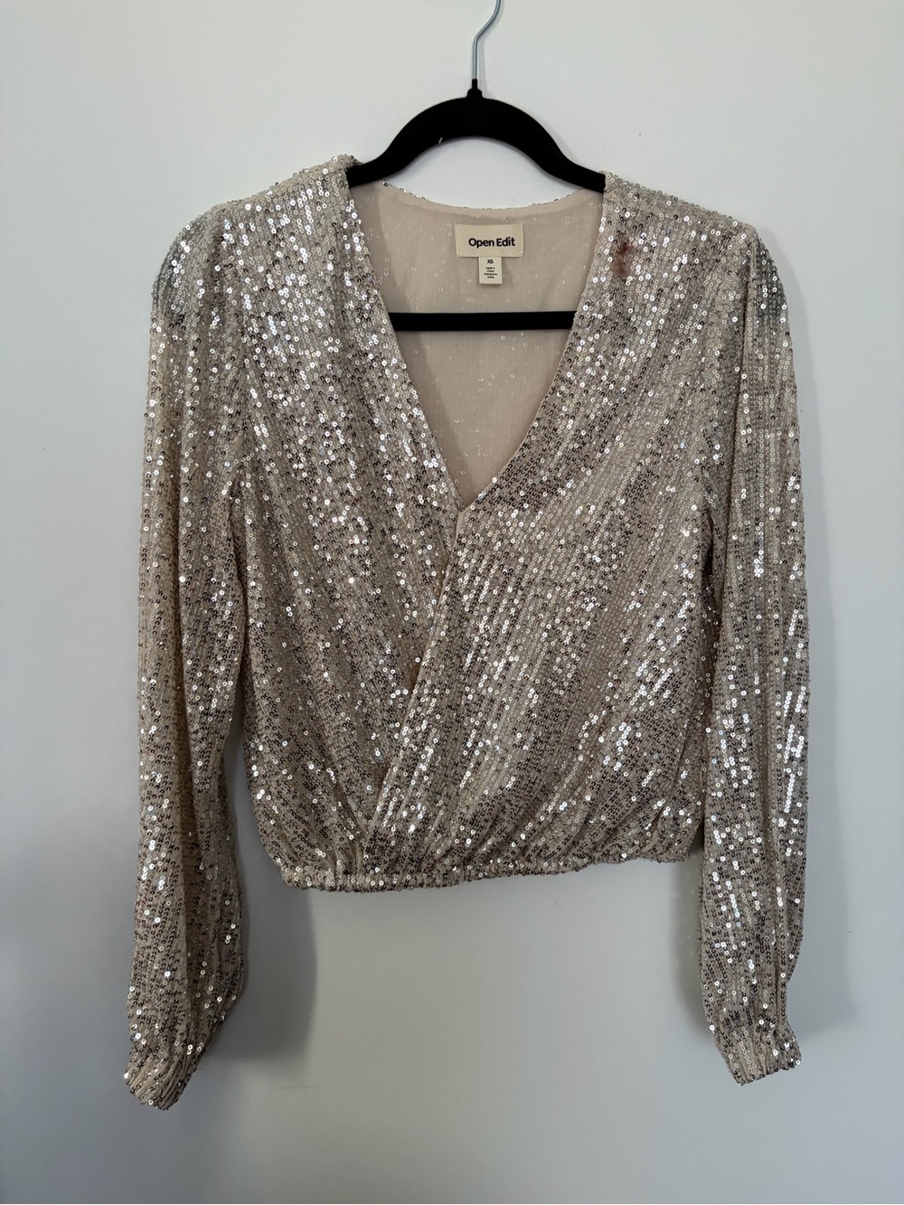Open Edit Sequin V-Neck Wrap Top - XS